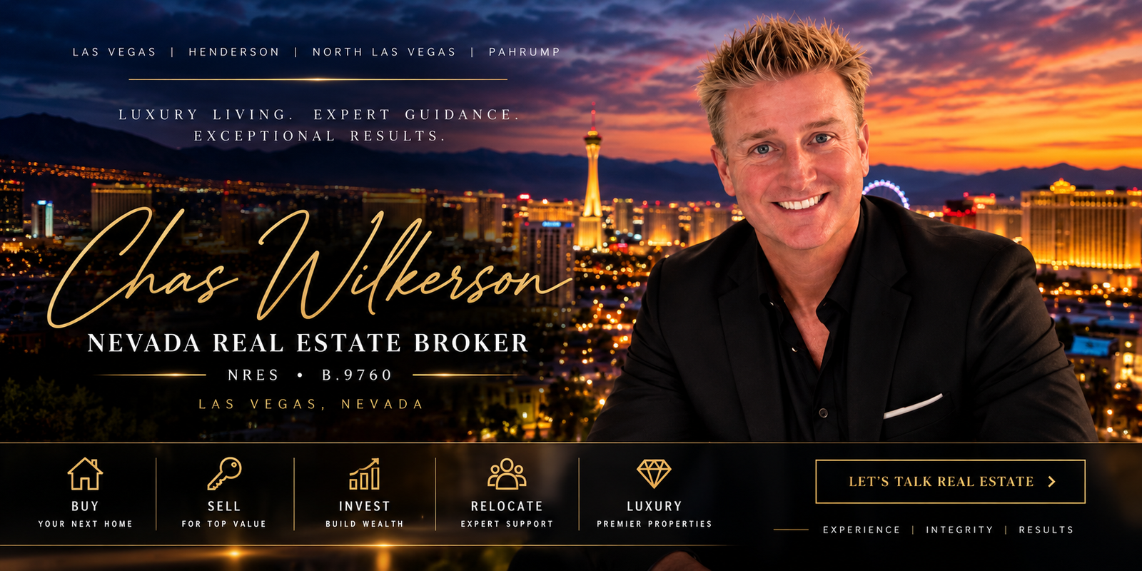 Chas Wilkerson, Nevada Real Estate Broker B.9760 with NRES, overlooking the Las Vegas skyline